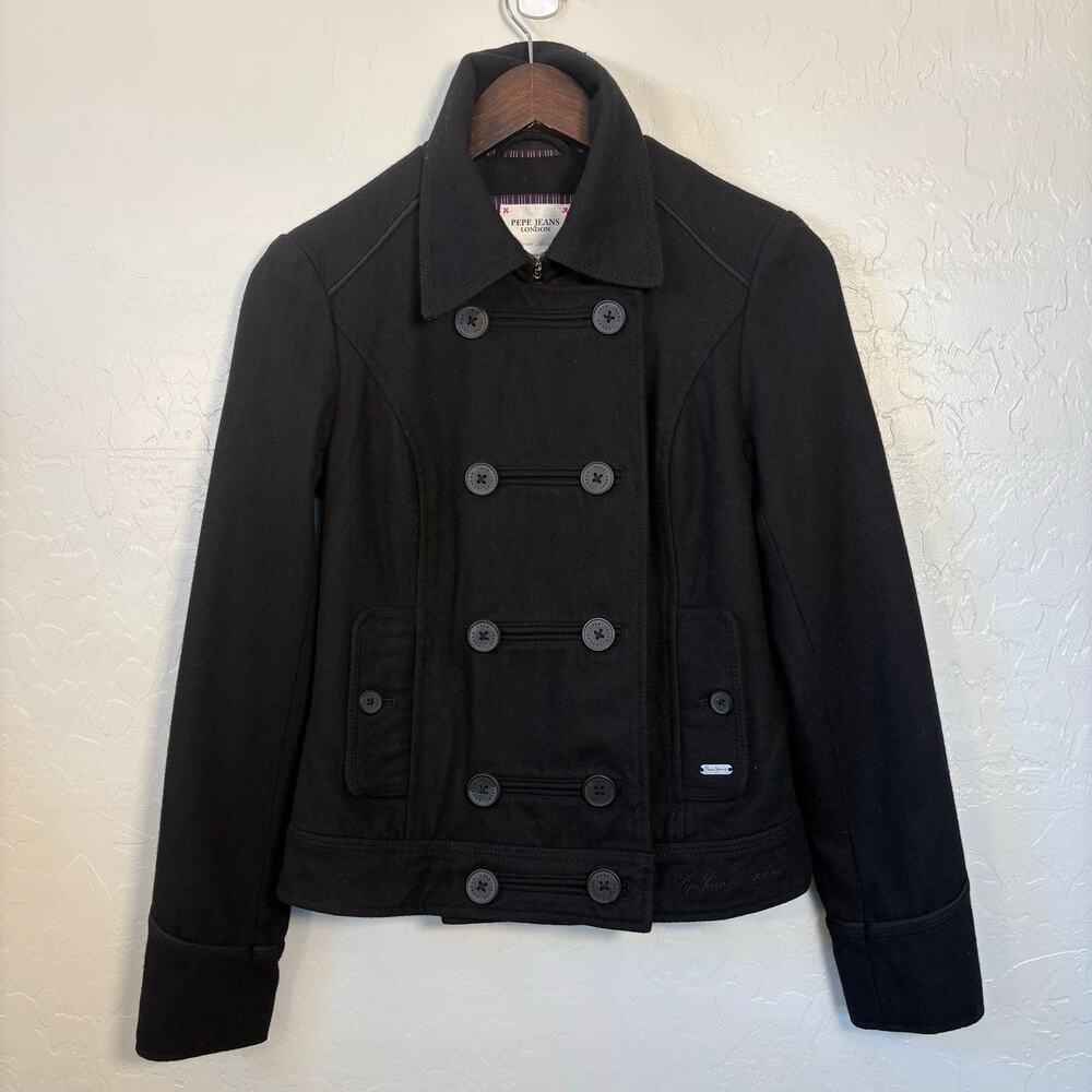 Pepe Jeans London Double Breasted Black Wool Blend Military Pea Coat Jacket XS
